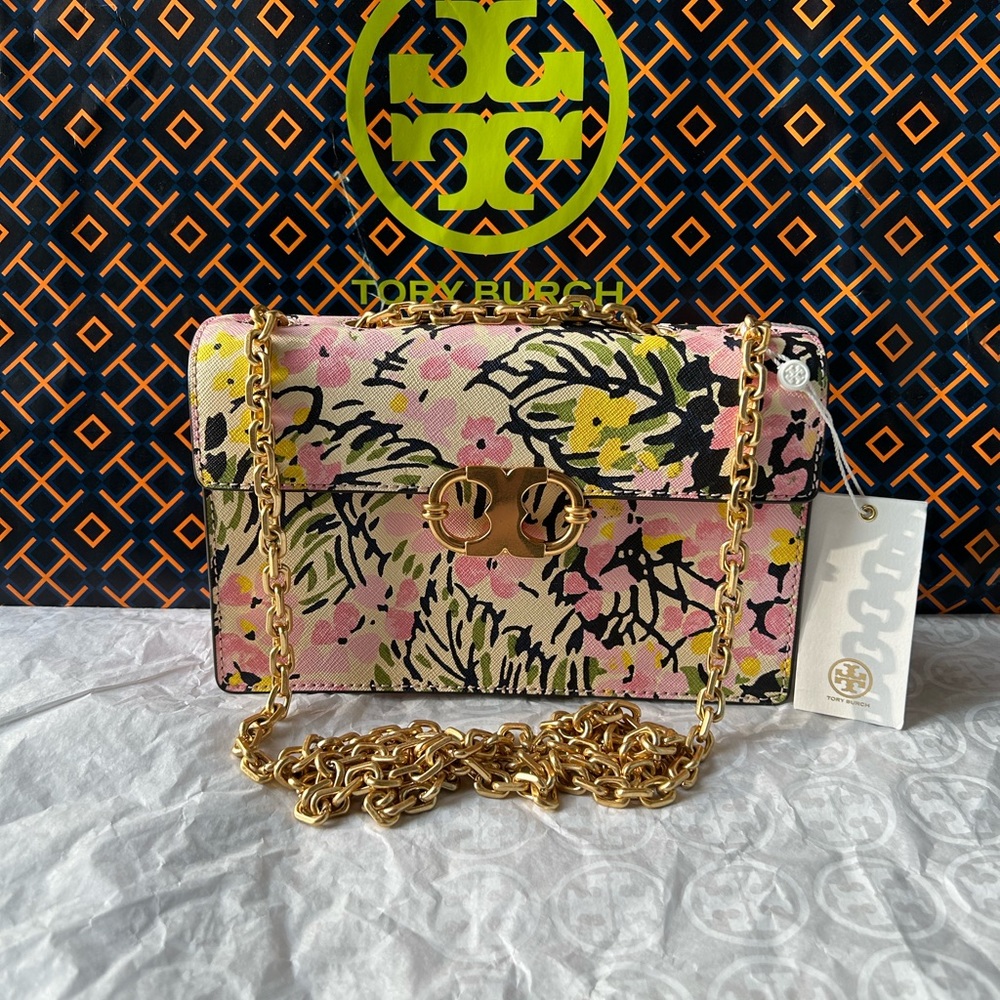 Tory Burch Gemini Link Small Chain Shoulder Bag Flower Field Pink Floral Gold